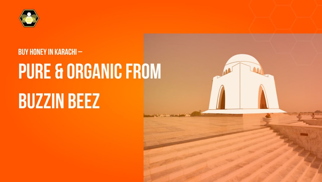 A white marble mausoleum, the Mazar-e-Quaid, under an orange-tinted sky, with text promoting 'Buy Honey in Karachi - Pure & Organic from Buzzinbeez