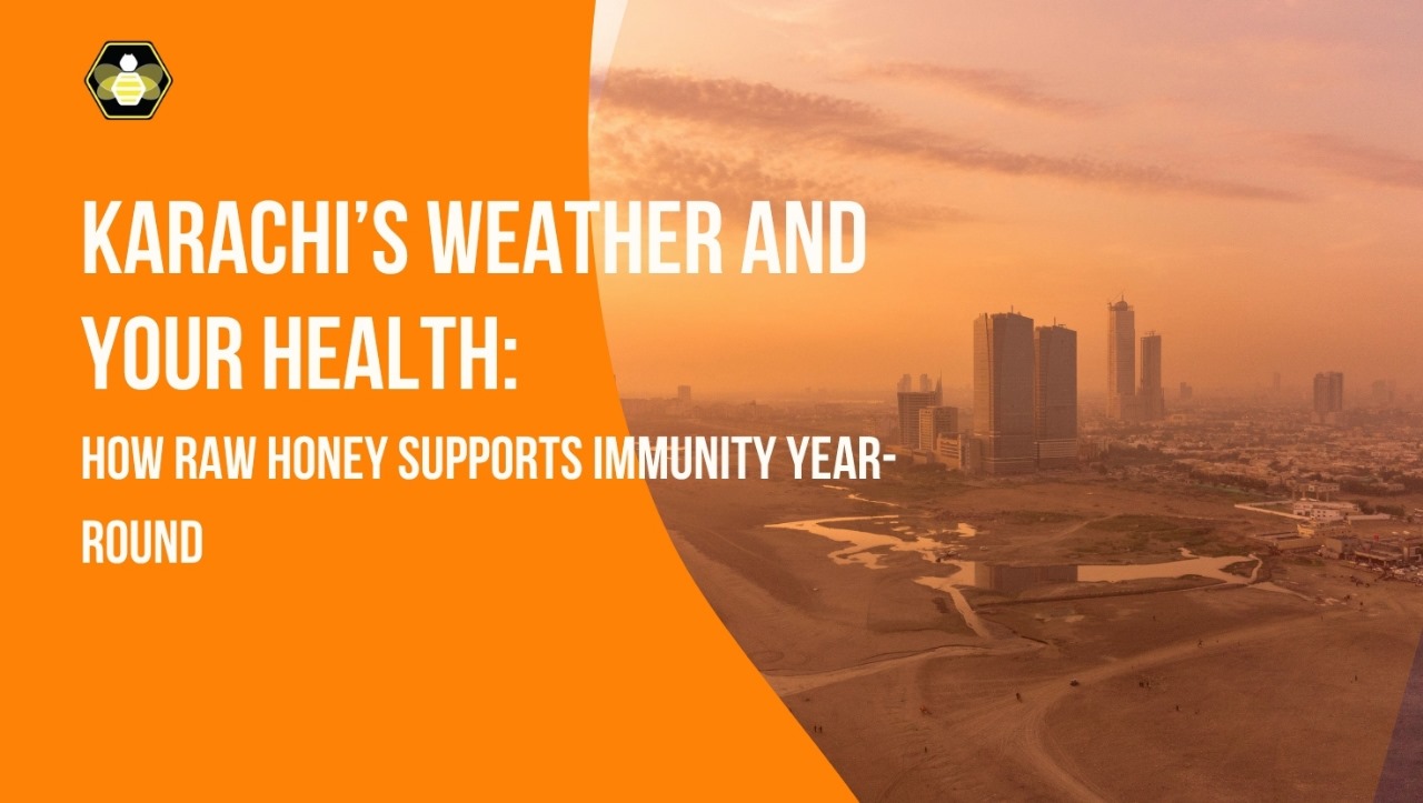A scenic view of Karachi’s skyline during sunset, with text overlay about how raw honey boosts immunity in changing weather.