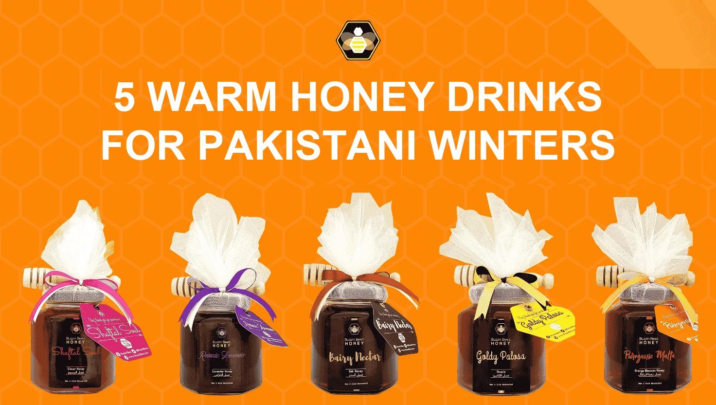 Five Buzzin Beez honey jars with ribbons and dippers, for warm winter drinks
